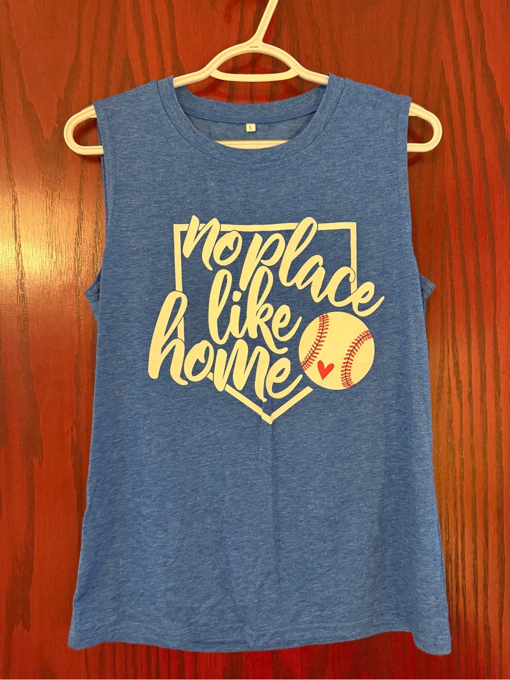 Blue Sleeveless Tee with "No Place Like Home" Baseball Graphic